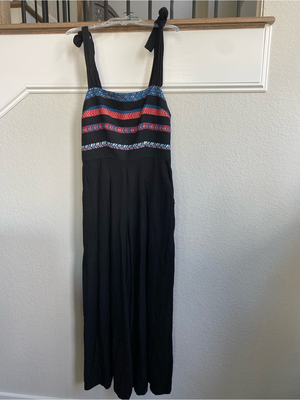 Morgan Carper Black Jumpsuit with Blue and Red Bodice Accents